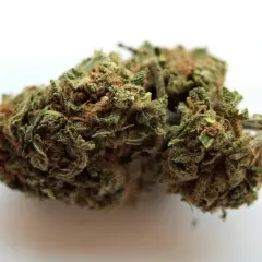 Zielona, zbita marihuana z pomarańczowymi włoskami, gotowa do użycia.