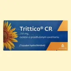 Opakowanie leku Trittico CR 150 mg z motywem słonecznika. Tabletki o przedłużonym uwalnianiu.