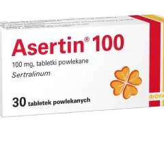Opakowanie leku Asertin 100 mg, zawierającego sertralinę, stosowanego w leczeniu depresji i innych schorzeń. Zoloft to nazwa handlowa tego typu leku.