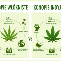 Porównanie konopi: włókniste (brak odurzenia, przemysł, legalne) vs. indyjskie (odurzające, medycyna, nielegalne, **haszysz**).