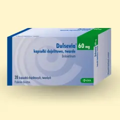 Opakowanie leku Dulsevia 60 mg, zawierające 28 kapsułek dojelitowych twardych z duloksetyną. Stosowany na depresję i inne schorzenia.
