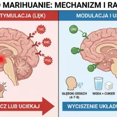 Lewa strona mózgu pokazuje nadmierną stymulację THC, wywołującą lęk i reakcję "walcz lub uciekaj". Prawa strona ilustruje modulację CBD, uspokojenie, głębokie oddechy i zmianę otoczenia, by uniknąć bad trip.