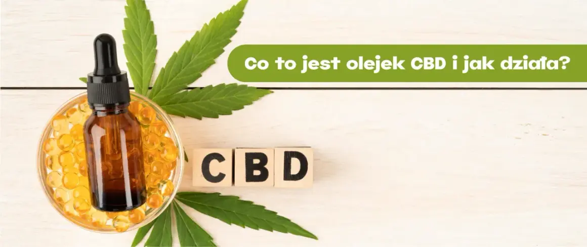 Butelka z olejkiem CBD i kapsułki, liście konopi, kostki z napisem CBD. Dowiedz się, olejek CBD na co pomaga i jak działa.