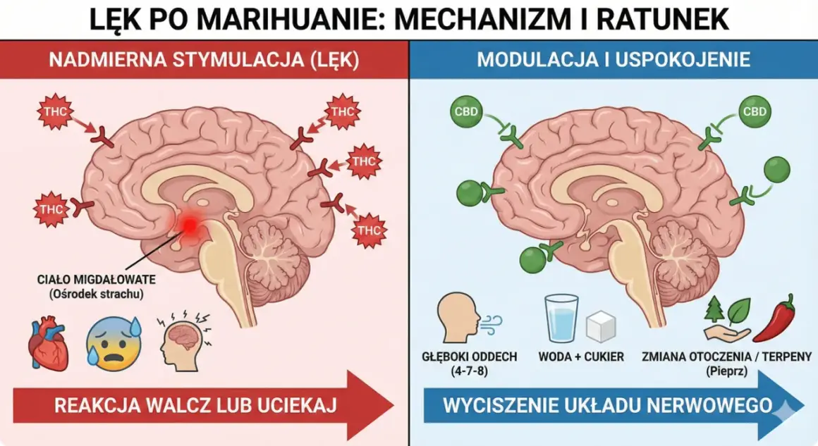 Lewa strona mózgu pokazuje nadmierną stymulację THC, wywołującą lęk i reakcję "walcz lub uciekaj". Prawa strona ilustruje modulację CBD, uspokojenie, głębokie oddechy i zmianę otoczenia, by uniknąć bad trip.