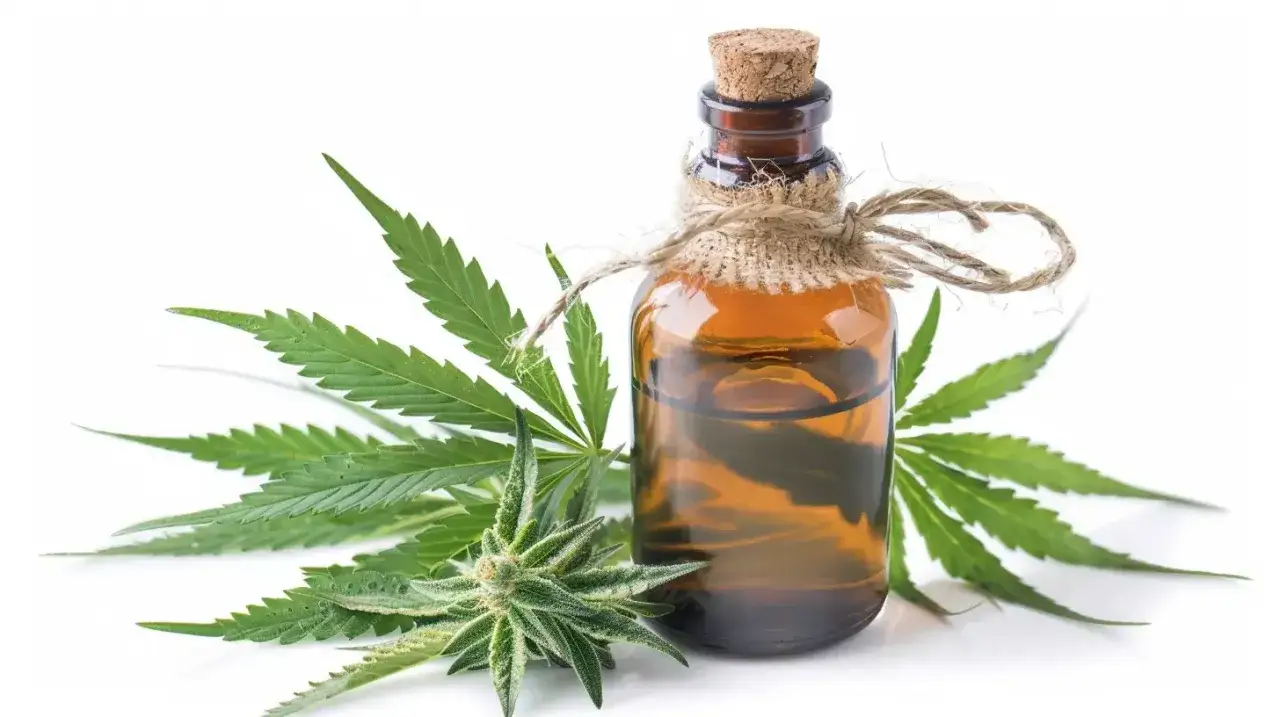 Butelka z olejkiem CBD i liście konopi. Dowiedz się, olejek CBD na co pomaga i jak go stosować.
