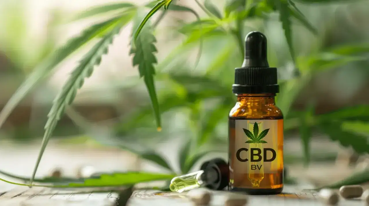 Kropla olejku CBD z buteleczki z pipetką, na tle liści marihuany.