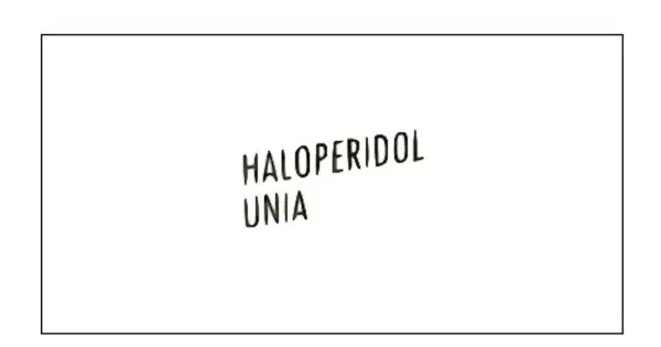Napis "HALOPERIDOL UNIA" na białym tle. Haloperidol to lek stosowany w leczeniu schizofrenii i innych zaburzeń psychicznych.