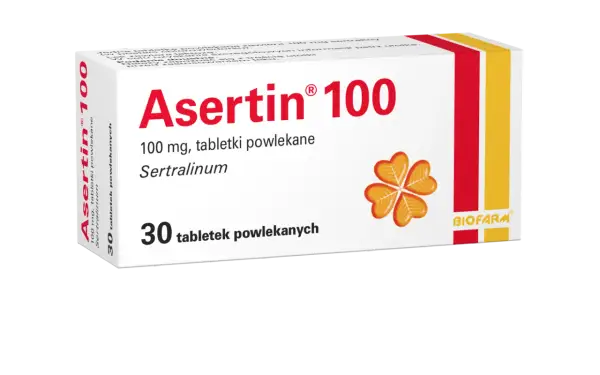 Opakowanie leku Asertin 100 mg, zawierającego sertralinę, na co pomaga w leczeniu depresji. 30 tabletek.