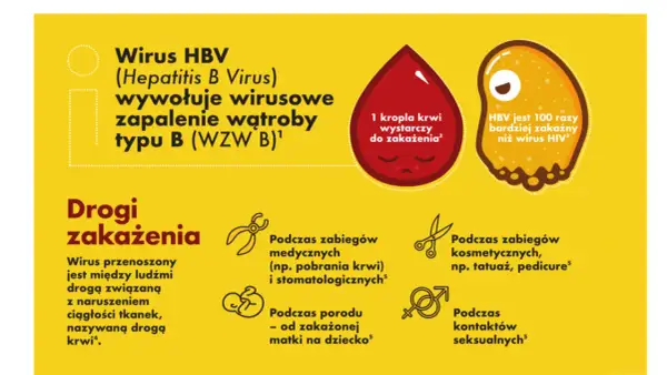 Wirus HBV wywołuje zapalenie wątroby typu B (WZW B). Zakażenie może nastąpić podczas zabiegów medycznych, kosmetycznych, porodu lub kontaktów seksualnych.